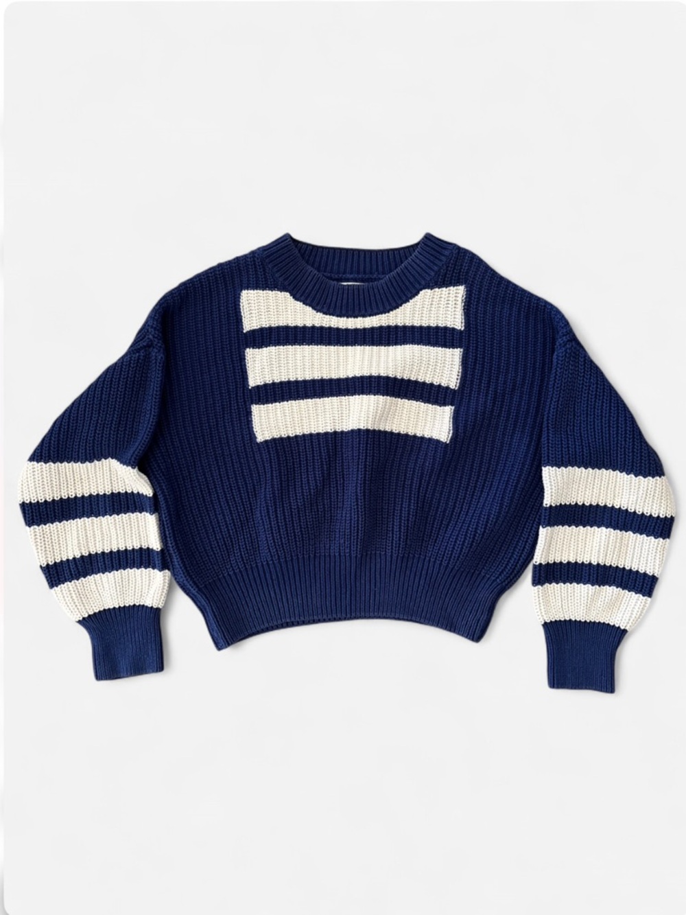 Self Portrait Intarsia Knit Sweater medium Blue White Cropped geometric Jumper